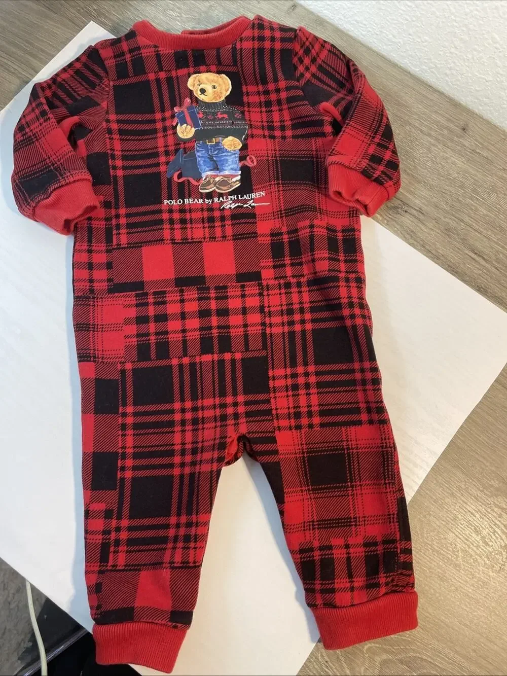 Ralph Lauren Polo Bear Red Plaid Fleece Coverall Sleeper Infant 9 Months